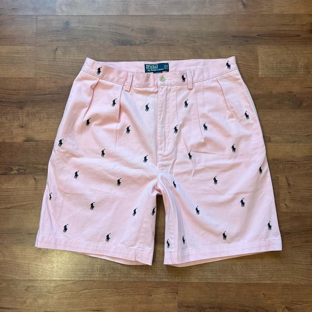 Polo Ralph Lauren Tyler All-Over Pony Print Pink Pleated Chino Shorts Sz 36